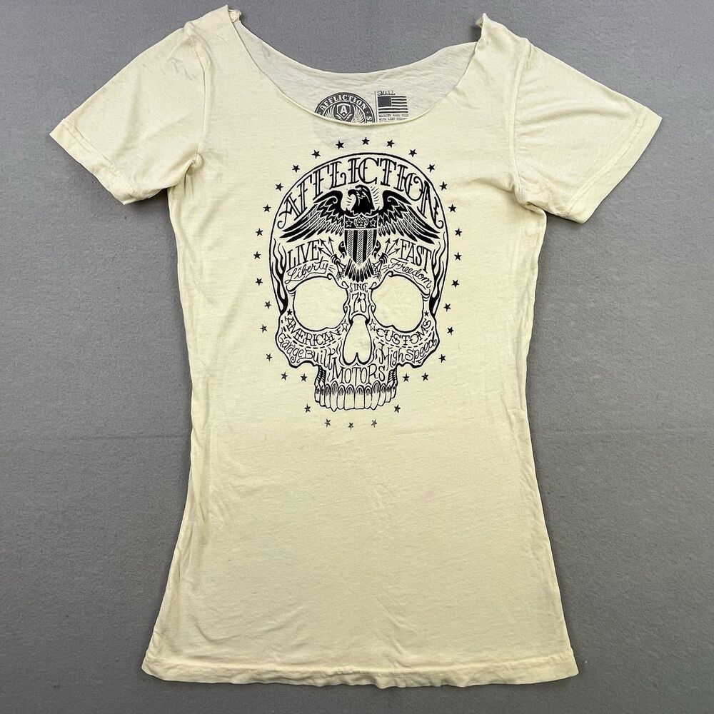 Affliction American Customs T-Shirt S Graphic Tee Distressed Skull Biker Motors